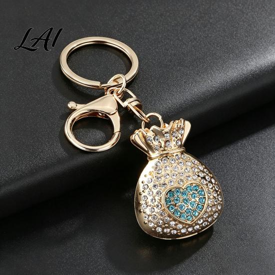 Sparkling Lucky Bag Pendant Rhinestone Keychain Good Luck Fortune Keyring Keychain Love Heart Pouch Charm for Handbags Backpacks Elegant