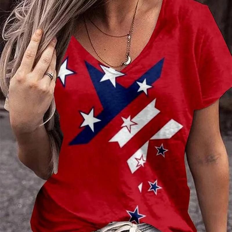 Summer V-neck 3D American Flag Printed Top Fashionable Casual Short Sleeved Women's T-shirts