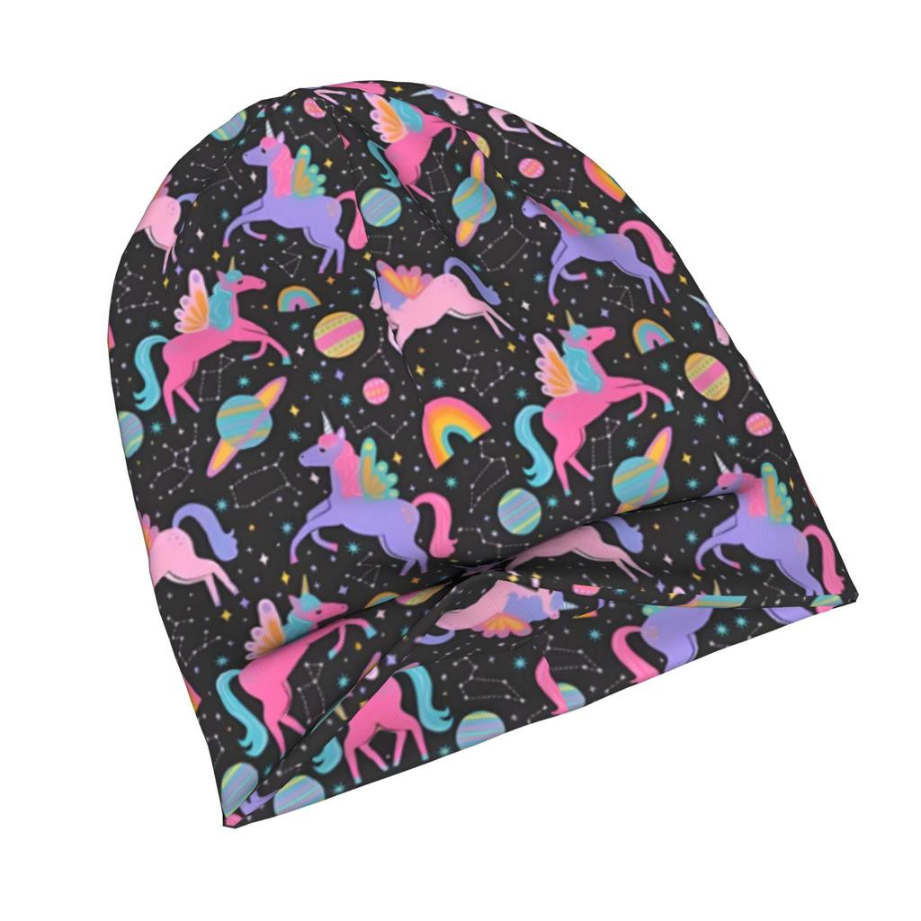 Space Unicorns Neon Rainbow On Black Knit Hat with Subtle Fashion Details Ideal for Adults Looking to Add Texture and Character to Cold-season Daily W