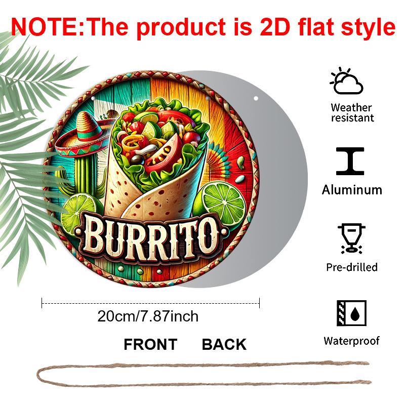 2D Flat, 1pc Mexican Burrito Metal Wall Art Sign - Vibrant 2D Flat Print Round Iron Decor with Pre-Drilled Holes, Traditional Sombrero & Cactus