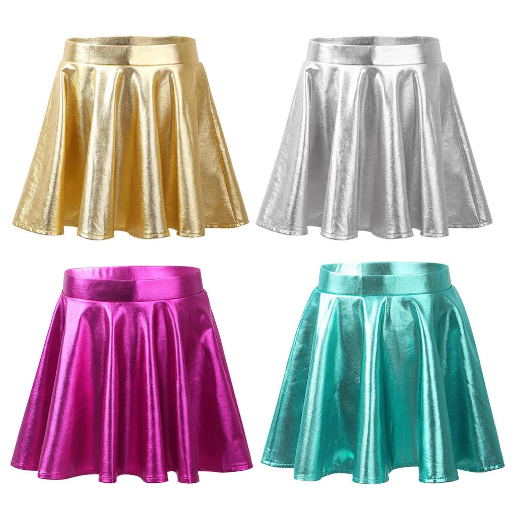 Girls Metallic Dance Pleated Skirts Ballet Tutu Skirts Modern Dance A Line Skirts Performance Skorts