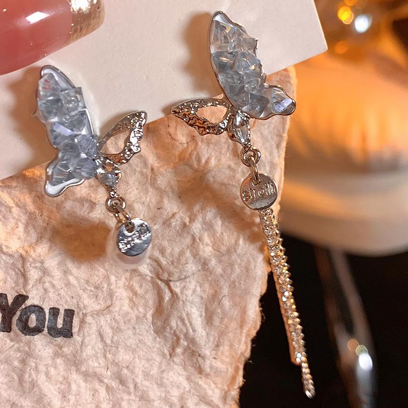 Asymmetrical Crystal Butterfly Tassels Ear Stud Earrings