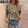 S-8XL Большие размеры Crushed Flower Повседневные футболки Уличная одежда Повседневные женские топы с коротким рукавом Футболки Футболки с V-образным вырезом Модная одежда