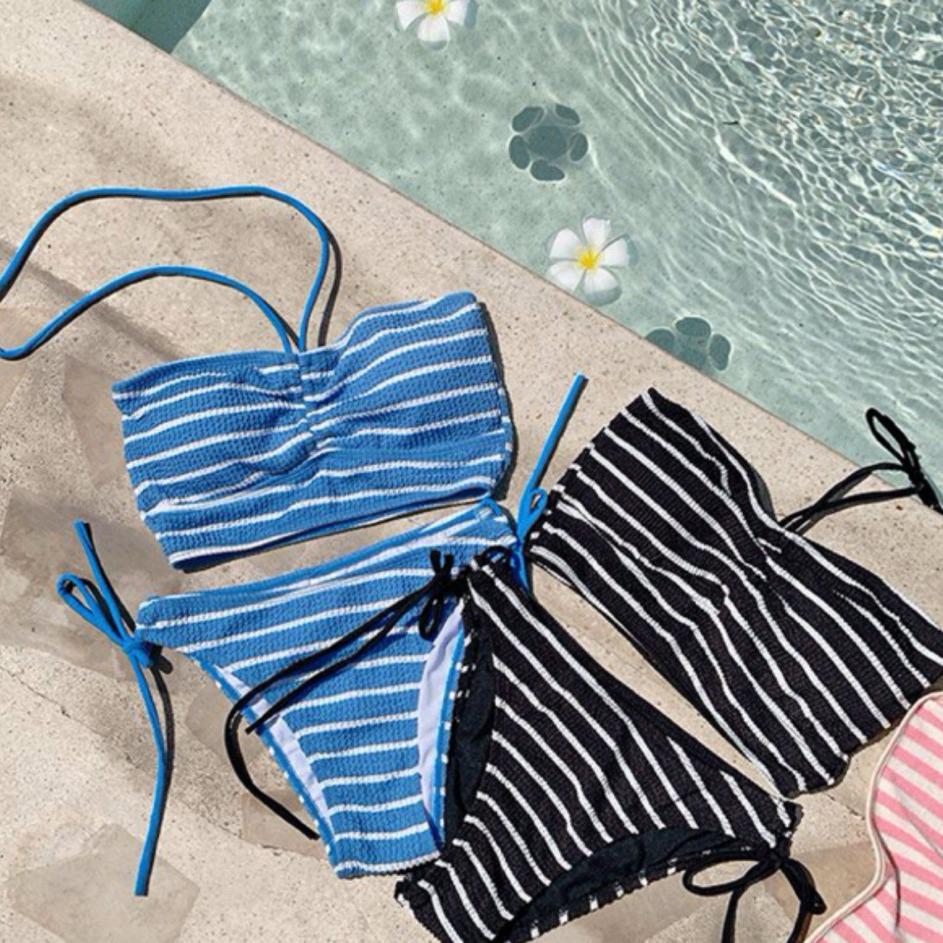 Korean ins style striped tube top hanging neck split two-piece set sexy senior vacation wind beach swimsuit women
