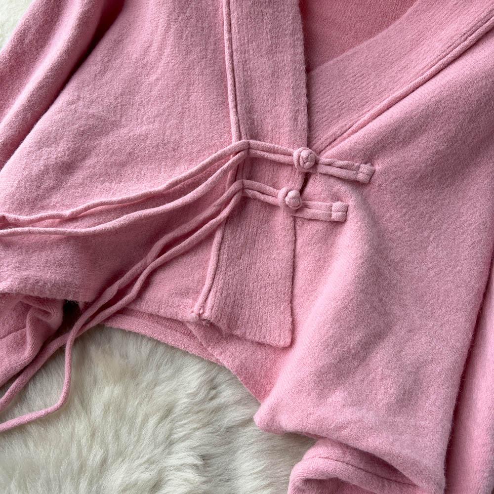 Вязаный кардиган-свитер на пуговицах-катушках в стиле ретро для осени и зимы + юбка миди с разрезом на бедре, комплект из двух предметов