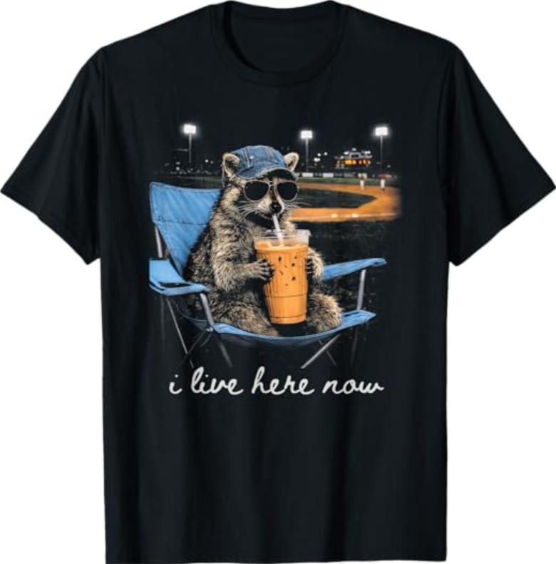 Funny Raccoon Ballfield Baseball Field I Live Here Now T-Shirt