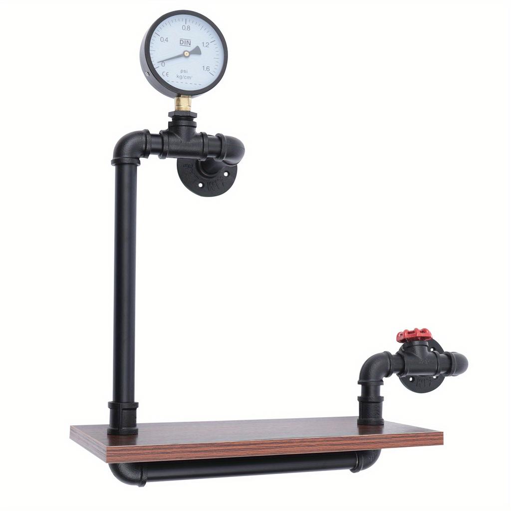Industrial Wall Mounted Shelf – Solid Wood & Steel Pipe Floating Shelf with Water Meter & Valve – Retro Decor – 40 x 20 x 57 cm