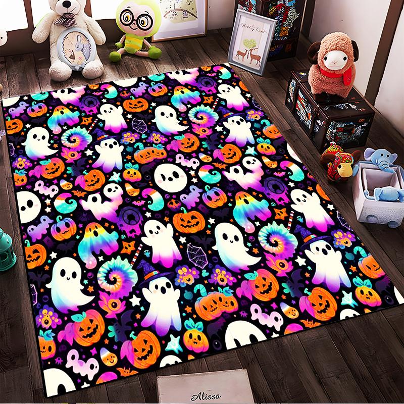 Colorful Halloween Ghosts and Pumpkins Rug Non-slip rug suitable for living room and bedroom sofas.
