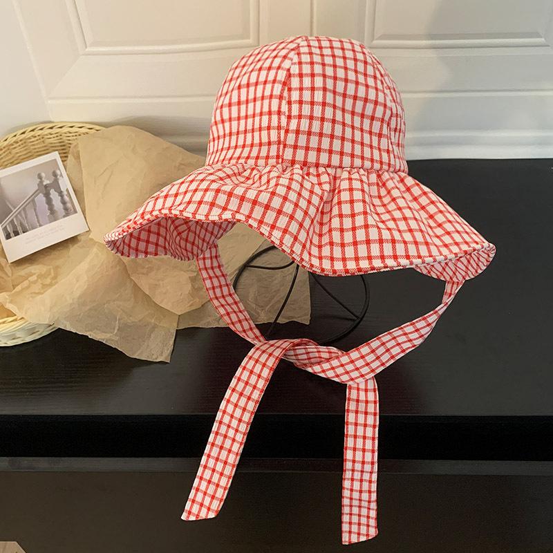 Sweet bow plaid bucket hat women's spring and summer new big eaves show small face travel shade sun hat