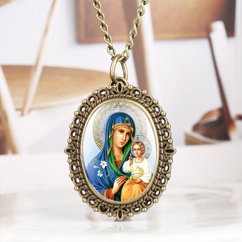 Immaculate Catholic Blessed Virgin Mary Quartz Pocket Watch Souvenir Pendant Necklace Clock Gifts for Women as Collectibles
