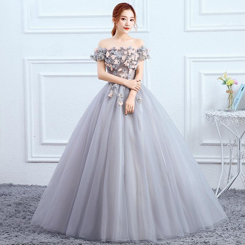 Wedding Party Dress Elegant Women Applique Lace Mesh Solid Color Big Swing Long Gown