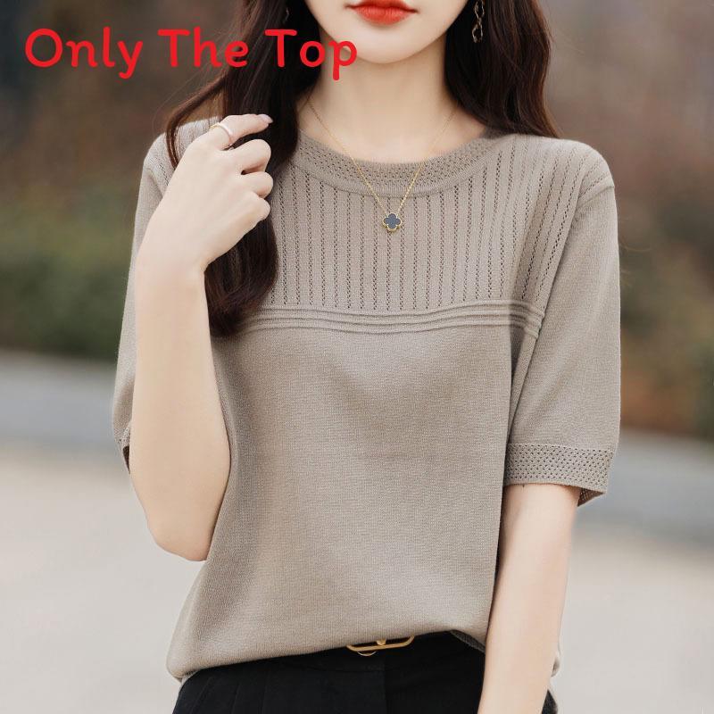Ice Silk Short Sleeve T Shirt With Knitted Hollow Design For Summer Casual Women