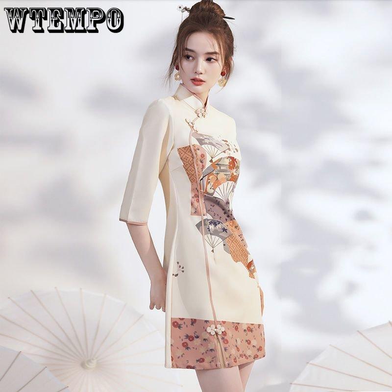 Женское платье Cheongsam на весну и осень, маленькое короткое платье Cheongsam в китайском стиле для девочек