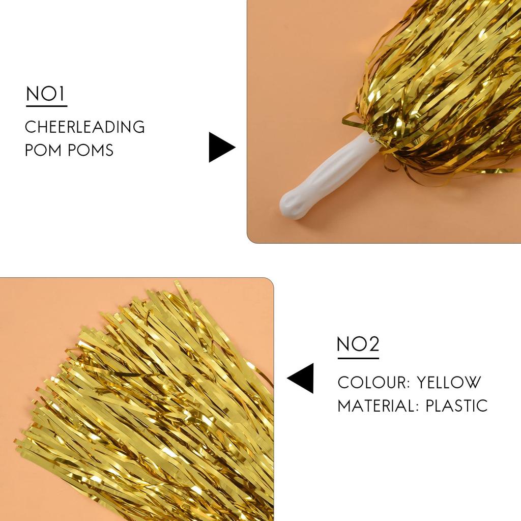 Oidnvay 24pcs Cheerleading Pom Poms Metallic Foil Cheer Pom Poms with Plastic Handles for Adults Kids Cheerleader Party Yellow