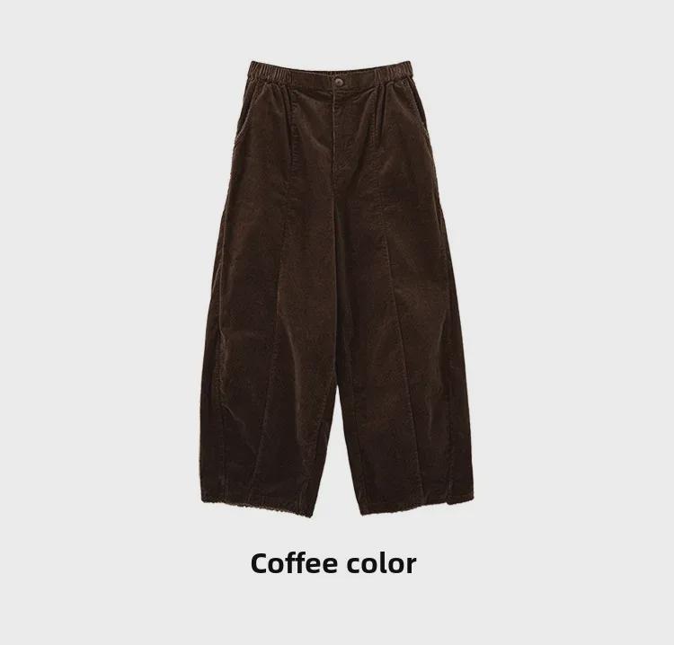 2024 Autumn/Winter Retro Earth Tone Corduroy Carrot Pants with Fur Trim and Elastic Waist