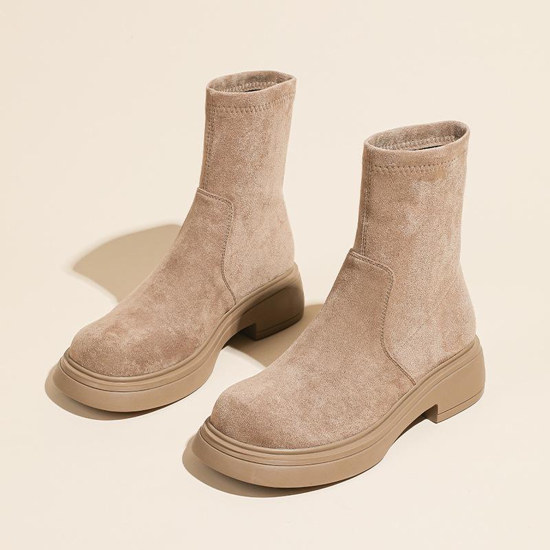 Short Boots for Women In Autumn and Winter New Retro Round Toe Thick Heel Short Knight Boots Suede Versatile Thin Boots Women's Shoes
