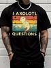 Men Royal Blue Tee I Axolotl Questions Retro Striped Cute Salamander Cartoon Print Crew Neck Lo