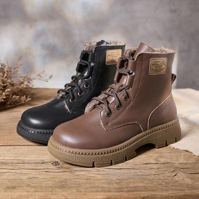 Обувь на толстой подошве, Теплые хлопковые ботинки, Ретро, Круглый носок, На шнуровке, Боковая молния, Флис, Женская обувь
