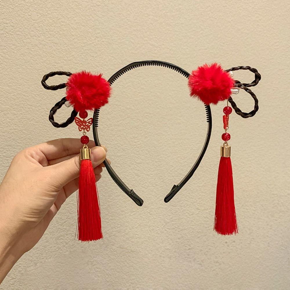 Braid Hair Children Wig Headband Flower Hanfu Hair Sticks Simple Red Bow Hairband Baby