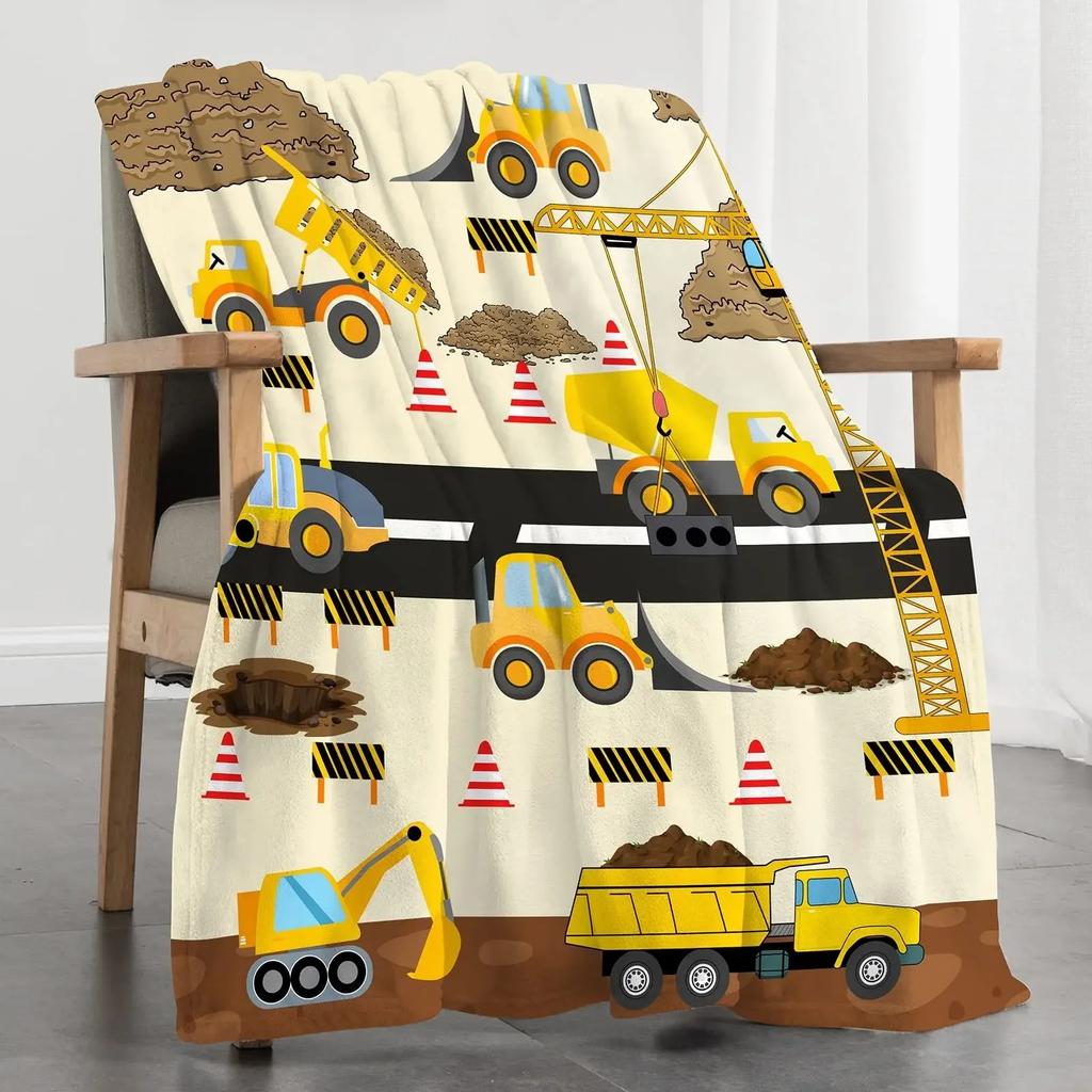 AllSeason Kids Cartoon Construction Truck and Tractor Flannel Throw Blanket for Boys Perfect for Sofa or Bed