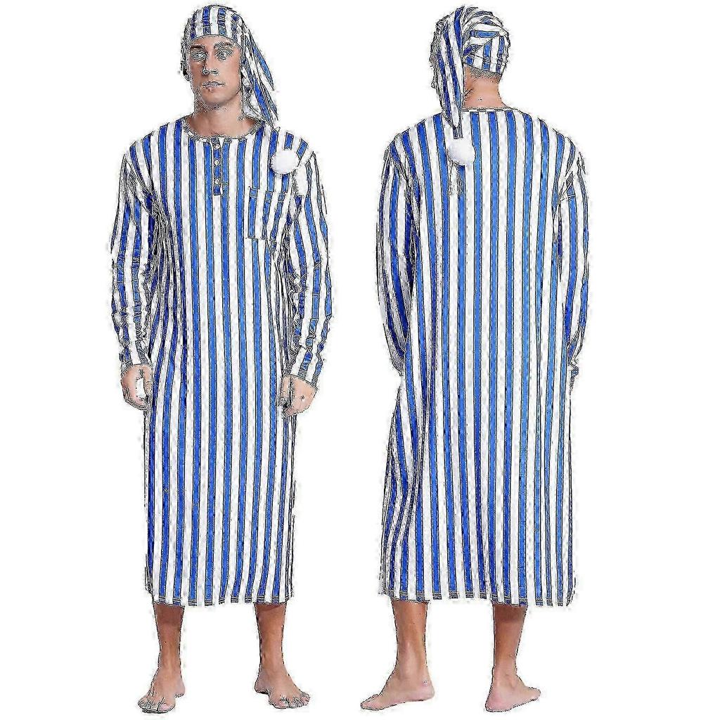suitable for Men's Henley Sleep Shirt Nightgown Striped Big&Tall Long Sleeve Nightshirt with Night Hat-jcv