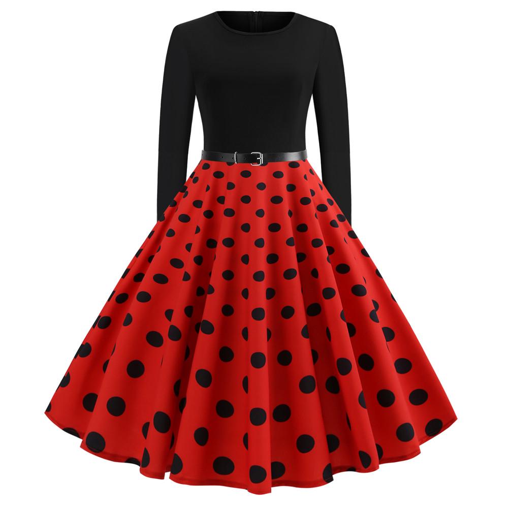 Women Vintage Long Sleeve O Neck Evening Dot Printing Party Prom Swing Dress