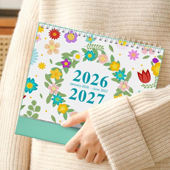 2026-2027 Цветочный настольный календарь на спирали с января по июнь 18 месяцев Ежемесячный планировщик расписания Дом Офис Кактус Настольный перекидной календарь