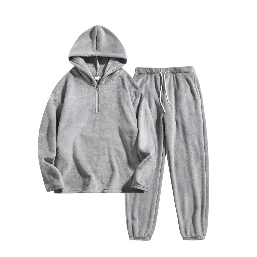 Men's Winter Solid Color Plush Long Sleeve Half Zipper Hooded Sweatshirt And Sweatpants Set