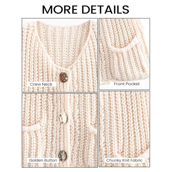 Вязаный укороченный кардиган, свитер с V-образным вырезом, длинным рукавом, на пуговицах, свободный крой, свитер, пальто с карманами, однотонный трикотаж