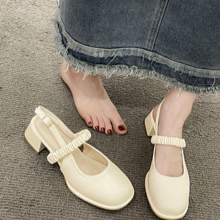 New ModelWith Skirt Sandals Women'S French Mary Jane Thick Heel Bag Head One-Word Buckle Commuter High Heels Single Shoes