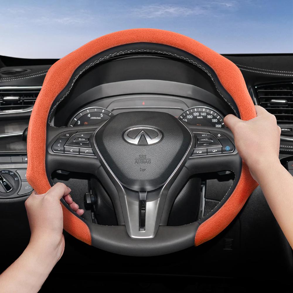 bpzsw1 Suitable for Infiniti Premium Suede Snap-On Steering Wheel Cover, Non-Slip and Durable, Available for Round and D-Shaped