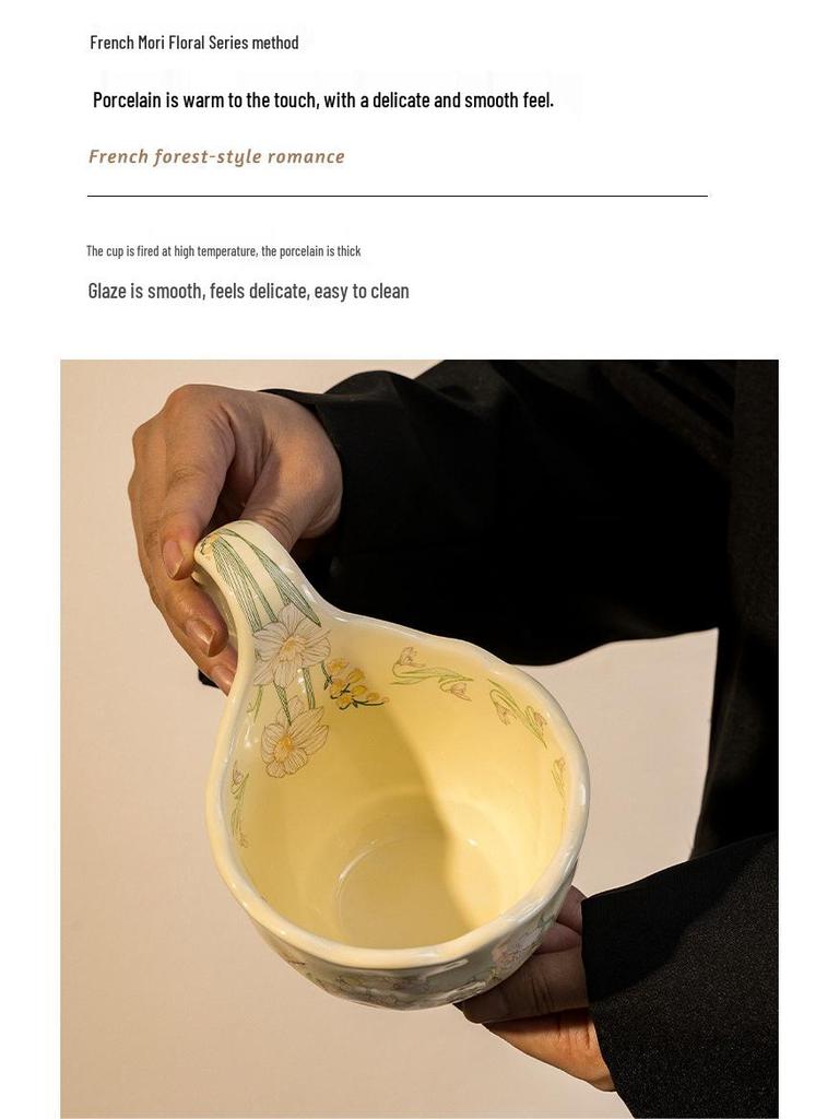 Керамическая кружка с изогнутой ручкой, ложкой и блюдцем, цветочный дизайн, идеально подходит для завтрака, овсянки, молока, кофе.