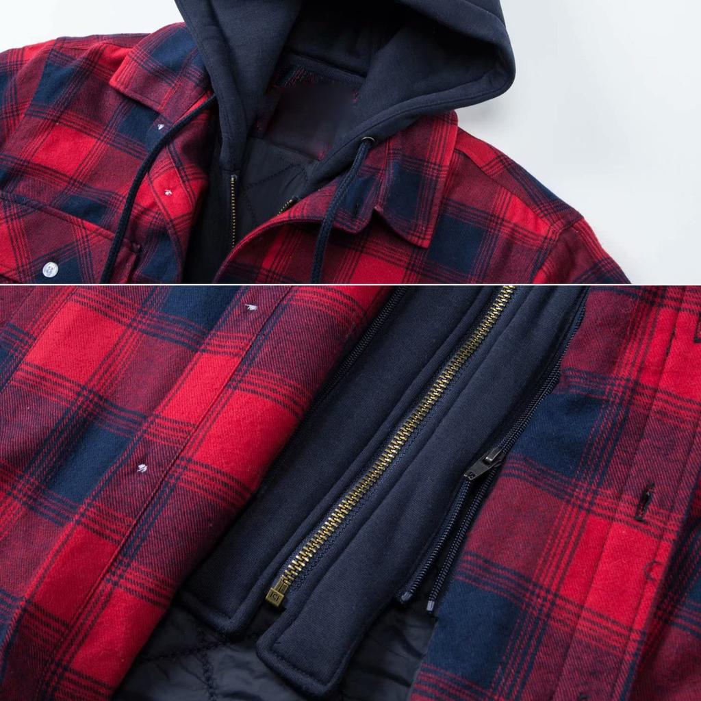 Men's Flannel Shirt Jacket with Removable Hood Plaid Quilted Lined Winter Coats Thick Hoodie Outwear Man Fleece Shirts