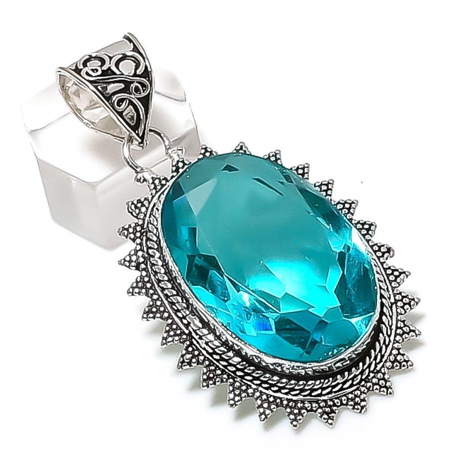 Blue Topaz Gemstone Handmade 925 Sterling Silver Jewelry Pendant 2.17" C0V71