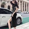 Korean Summer Dress Women Vestidos Short Sleeve Midi Dresses Striped Cotton Blend Vestido Bodycon