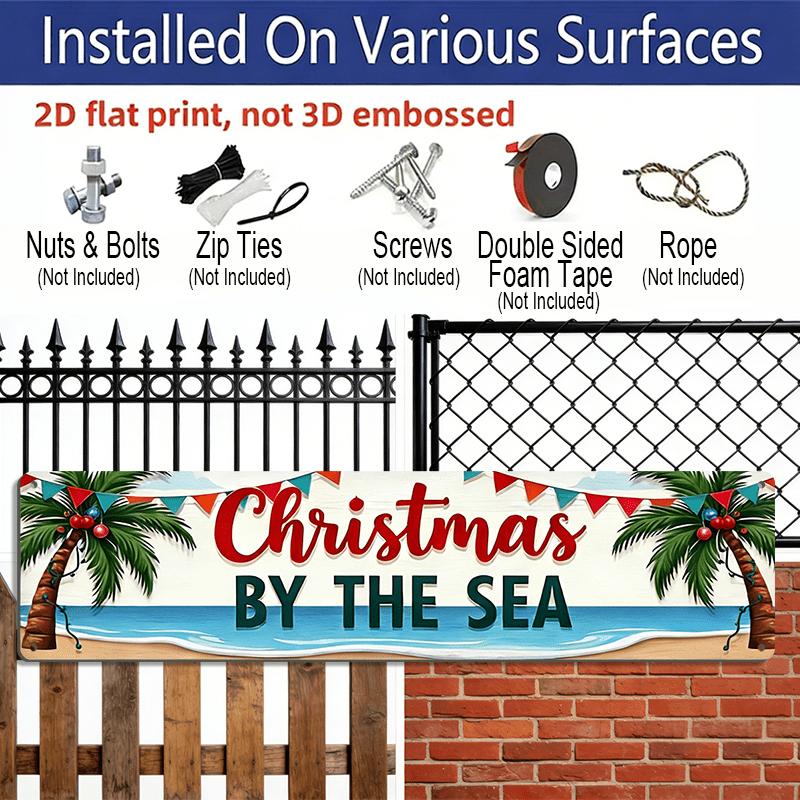 2D Flat, 1pc, Rustic Christmas By The Sea Aluminium Decorative Sign Tropical Christmas Decor Wall Hanging for Christmas Decorations, Beach House