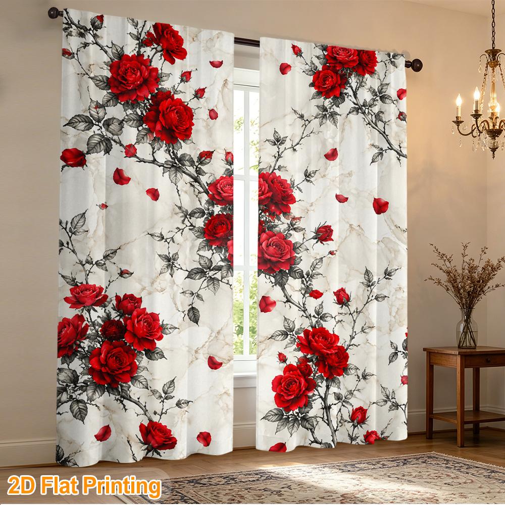 2pcs Red Rose Vine Marble Pattern Printed Curtain Set Rod Pocket Light Filtering Drapes for Living Room Study Room Home Decor