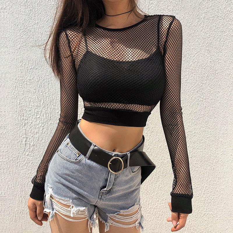 Sexy Black Hollow Out Mesh T-Shirt Female Skinny Crop Top New Fashion Summer Basic Tops For Women Fishnet Shirt