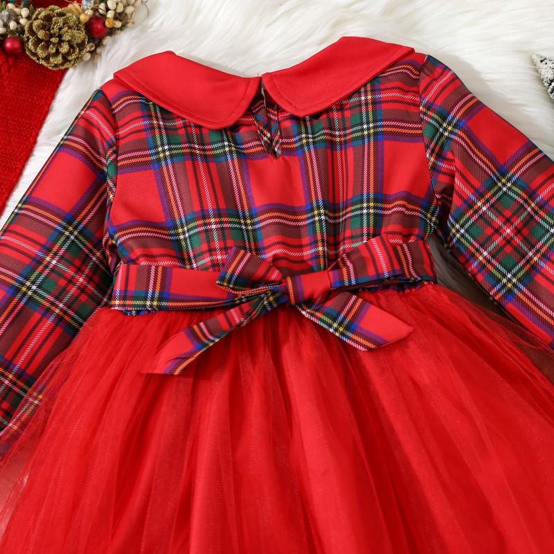 Girls Long Sleeve Plaid Dress Princess Style Birthday Party