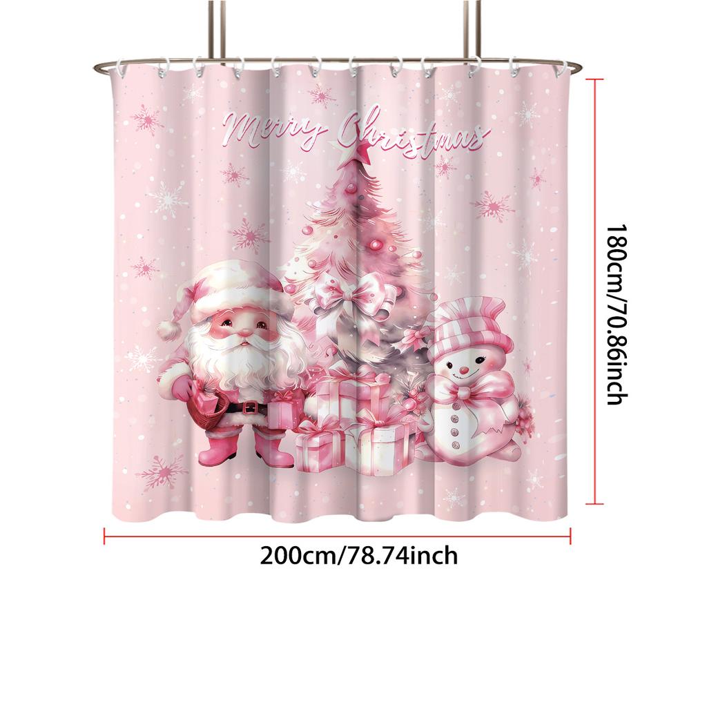 1pc Pink Merry Christmas Santa Claus Print Waterproof Shower Curtain Partition Privacy Hanging Curtain 12 Hooks Multiple Sizes