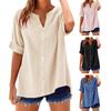 Women Shirt V-Neck Short Sleeve Buttons Placket Shirt Tops Solid Color Loose Fit Breathable Shirt Daily Wear