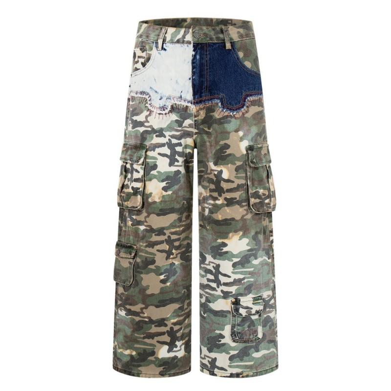 Unisex High-Waisted Cargo Jeans Pants With Camo Patchwork Loose Wide Leg Workwear Style Streetwear Daily Wear