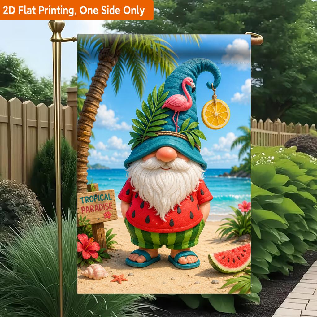 2D Flat - 2D Flat Printing Garden Flag 1pc, Gnome on Tropical Beach Durable Single-Sided Print Yard Flag, Garden And Home Holiday Decoration, 29.97X44