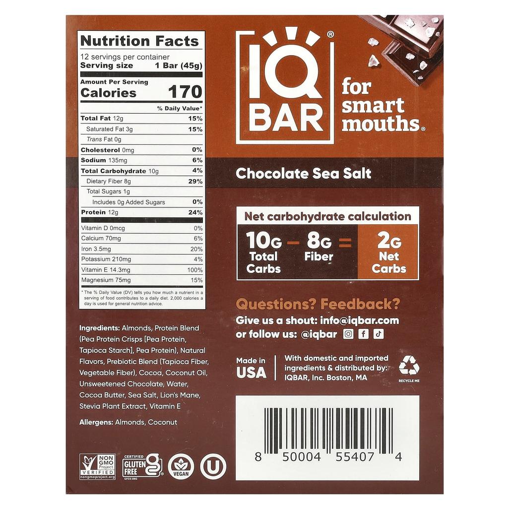 Plant Protein Bar, Chocolate Sea Salt, 12 Bars, 45G (1.6Oz) Each