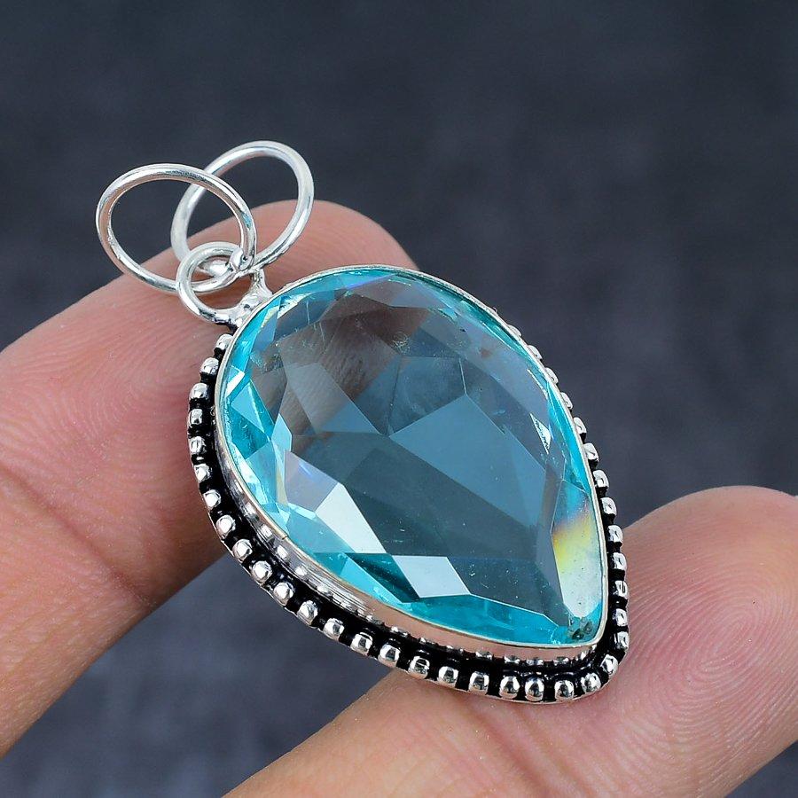 Swiss Blue Topaz Ethnic 925 Sterling Silver Jewelry Pendant 1.85" z3J14