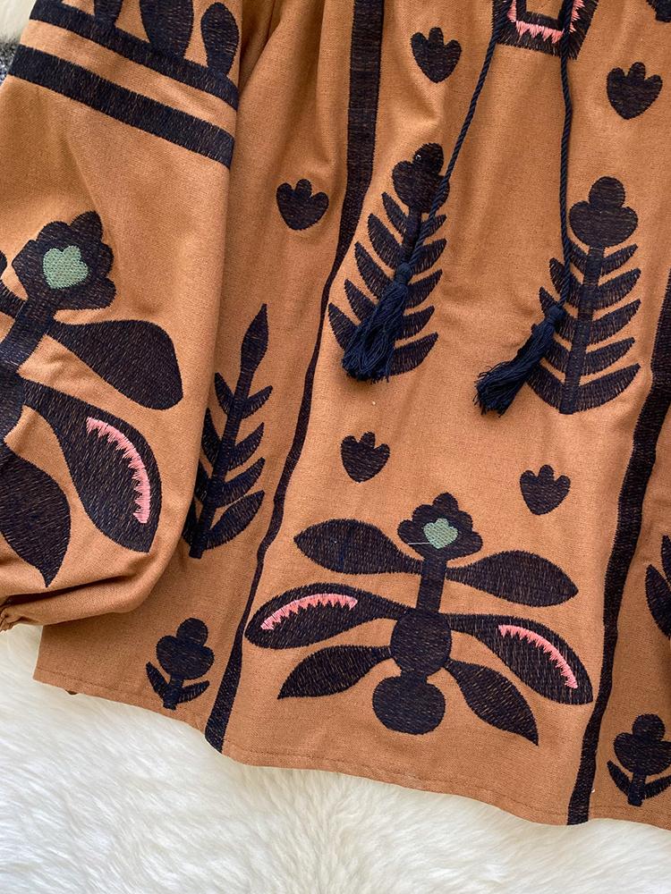 Весна Осень Новая Винтажная Рубашка с Рукавами-Фонариками Женская Вышитая Круглый Вырез Ремешок Свободная Повседневная Блузка Топ