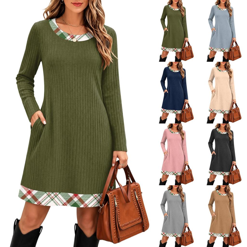 Women's Vertical Striped Knit Long Sleeve Dress Casual Sweater Dress for Fall and Winter