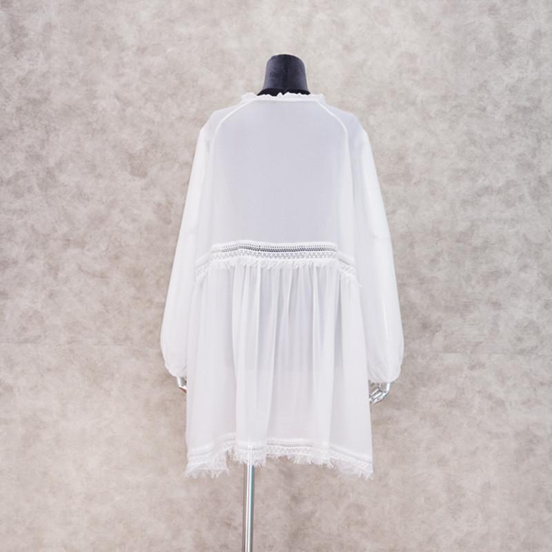 Summer New Beach Bikini Cover-up Sexy V-neck Lace Stitching Micro-sheer Chiffon Skirt Lantern Long-sleeved Loose Women's Swimwear Cover-up Q1056