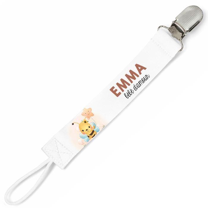 Planetee Attache tétine pour prénom EMMA bébé d'amour Abeille | Attache sucette cadeau naissance