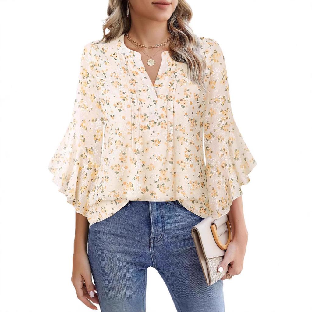 Топ с рукавом три четверти «лепесток лотоса», однотонный, модный, повседневный, свободный, с V-образным вырезом, деловые шифоновые рубашки, женские блузки и рубашки